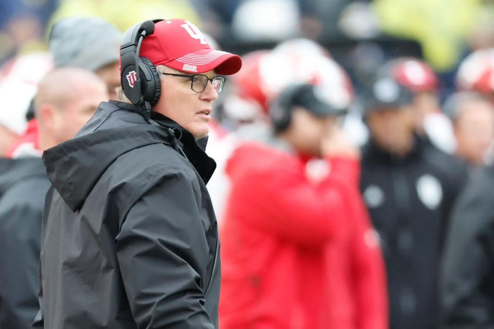 Oct 14, 2023; Ann Arbor, Michigan, USA; Indiana Hoosiers head coach Tom Allen on the sideline in the first half against the Michigan Wolverines at Michigan Stadium. Mandatory Credit: Rick Osentoski-USA TODAY Sports