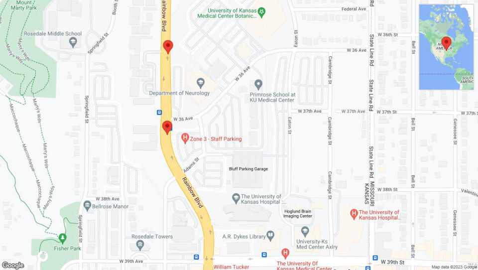 A detailed map that shows the affected road due to 'Lane on Rainbow Boulevard/US-169 closed in Kansas City' on October 16th at 6:14 p.m.