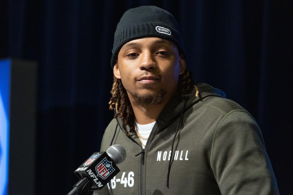 March 2, 2023;  Indianapolis, IN, USA;  Ohio State defensive back Ronnie Hickman, Jr.  (DB46) speaks to the press at the NFL Combine at Lucas Oil Stadium.  Mandatory Credit: Trevor Ruszkowski-USA TODAY Sports