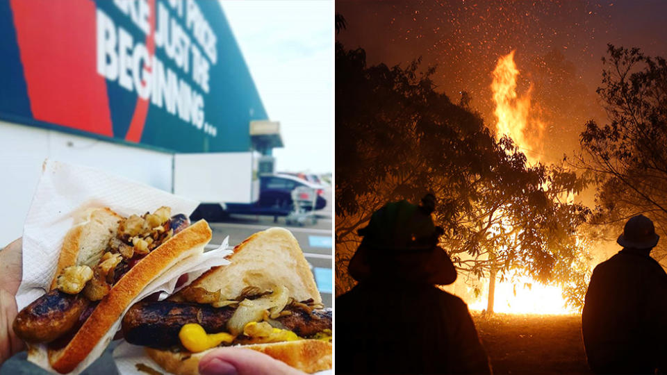 Pictured left is two sausages outside of a Bunnings. Pictured right are firefighters battling a NSW blaze.