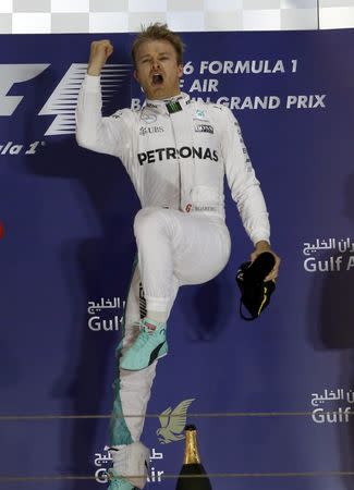 Formula One - Bahrain F1 Grand Prix - Sakhir, Bahrain - 03/04/16 - Mercedes F1 driver Nico Rosberg of Germany celebrates after winning the Bahrain GP. REUTERS/Hamad I Mohammed