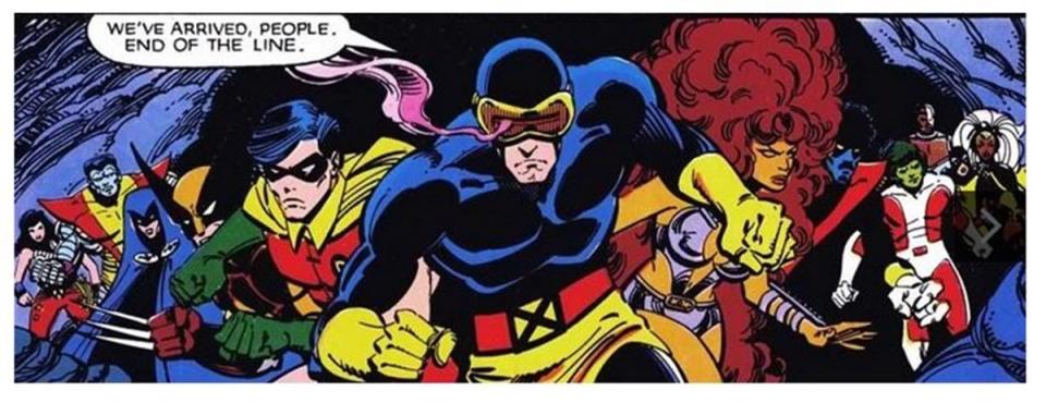 Cyclops leads the X-Men and the Titans in Uncanny X-Men and the New Teen Titans, art by Walter Simonson. 