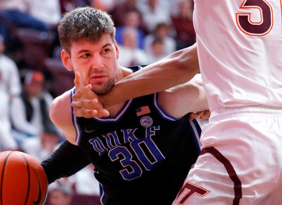 Duke’s Kyle Filipowski (30) works around Virginia Tech’s Lynn Kidd (15) during the second half of Duke’s 77-67 victory over Virginia Tech at Cassell Coliseum in Blacksburg, Va., Monday, Jan. 29, 2024. Ethan Hyman/ehyman@newsobserver.com