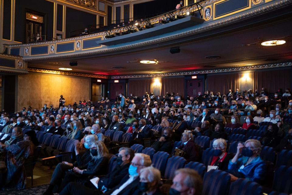 People wait for the start of the film during the opening night of Freep Film Festival with the film “Gradually, Then Suddenly:The Story of the Detroit Bankruptcy” at the Detroit Institute of Arts in Detroit on Wednesday, April 27, 2022.