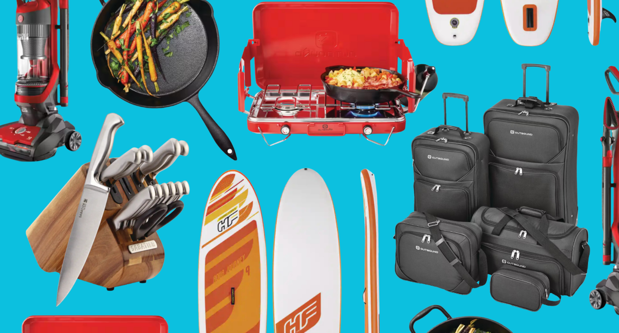 canadian tire, collage of canadian tire products on sale, knife block set, paddle board, luggage set, camping bbq, cast iron pan, hoover vacuum