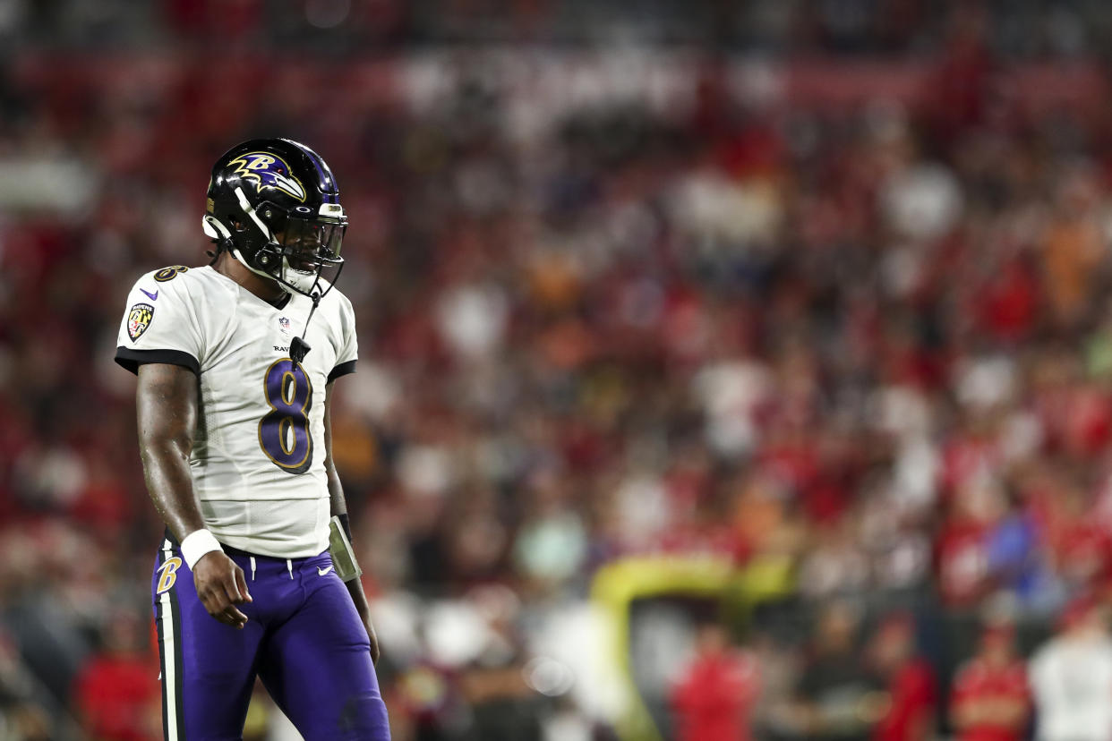 The Ravens' offense will be on Lamar Jackson's shoulders on Monday night. (Photo by Kevin Sabitus/Getty Images)