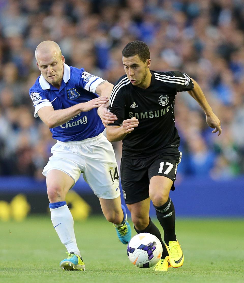 Chelsea's Eden Hazard (right) and Everton's Steven Naismith (left) battle for the ball