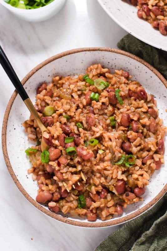<p>Cozy Peach Kitchen</p><p>Dry red beans and brown rice are cooked together with flavorful seasonings in the Instant Pot in this easy vegetarian staple!</p><p><strong>Get the recipe: <a href="https://cozypeachkitchen.com/instant-pot-red-beans-and-rice-vegan/" rel="nofollow noopener" target="_blank" data-ylk="slk:Instant Pot Red Beans and Rice;elm:context_link;itc:0;sec:content-canvas" class="link ">Instant Pot Red Beans and Rice</a></strong></p>