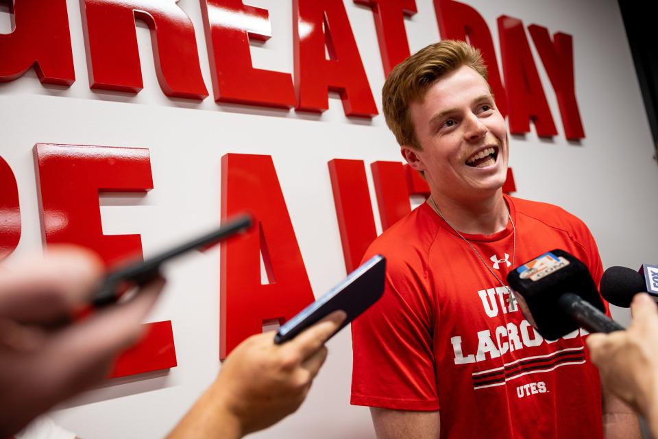 Josh Rose, a junior midfielder and captain of the Utah lacrosse team, talks to reporters at the Jon M. and Karen Huntsman Basketball Facility in Salt Lake City on Monday, May 8, 2023, ahead of the team’s first ever trip to the NCAA tournament. | Spenser Heaps, Deseret News