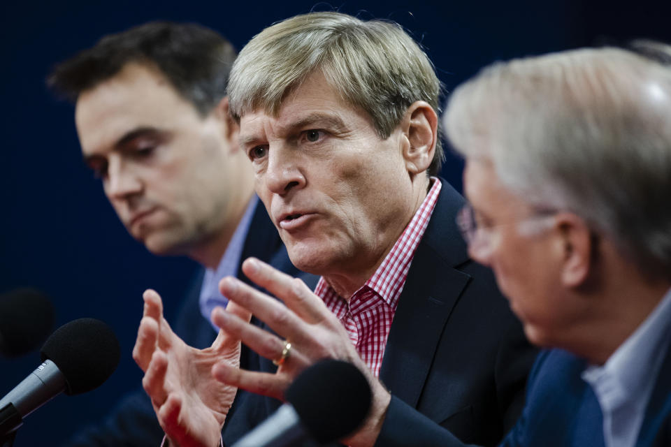 Philadelphia Phillies managing partner John Middleton speaks as general manager Matt Klentak, left, and president Andy MacPhail look on during a news conference in Philadelphia, Friday, Oct. 11, 2019. The Phillies fired manager Gabe Kapler on Thursday. (AP Photo/Matt Rourke)