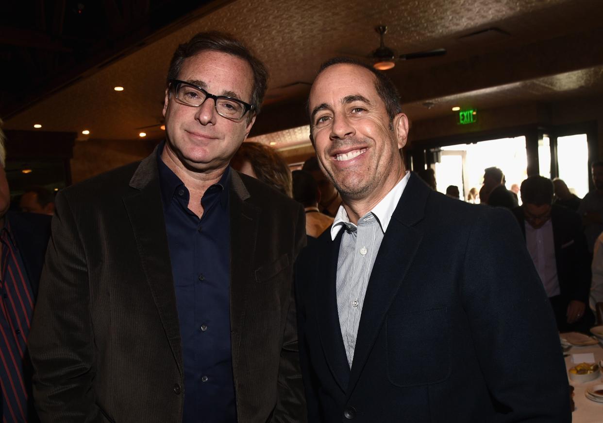 Actor Bob Saget and host Jerry Seinfeld attend the Inaugural Los Angeles Fatherhood Lunch to Benefit Baby Buggy hosted by Jerry Seinfeld at The Palm Restaurant on March 4, 2015, in Beverly Hills, Calif.