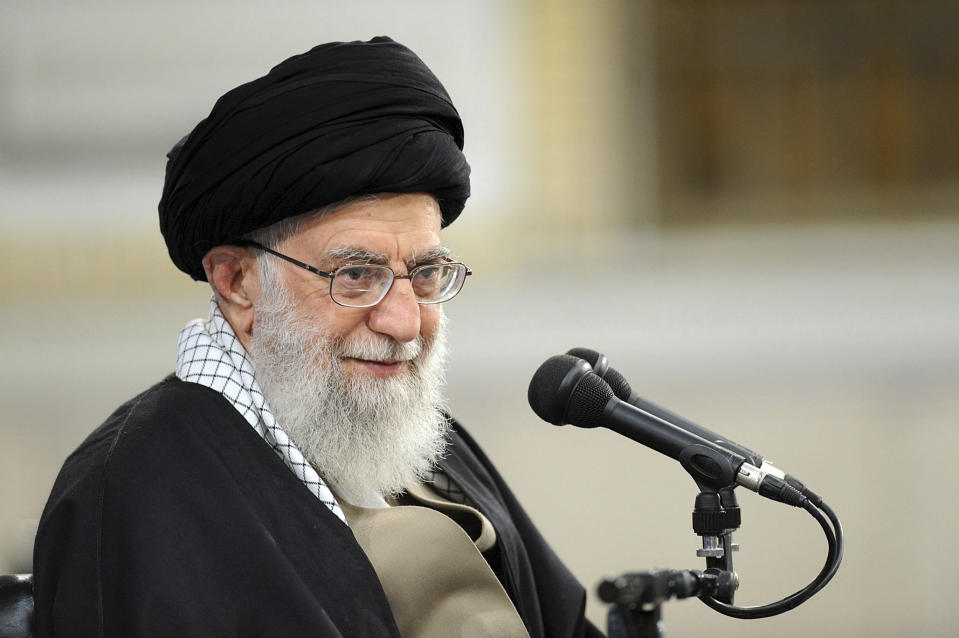 In this photo released by an official website of the office of the Iranian supreme leader, Supreme Leader Ayatollah Ali Khamenei speaks at a meeting in Tehran, Iran, Wednesday, Jan. 9, 2019. Khamenei called U.S. officials "first-class idiots," mocking American leaders as U.S. Secretary of State Mike Pompeo tours the Mideast. (Office of the Iranian Supreme Leader via AP)