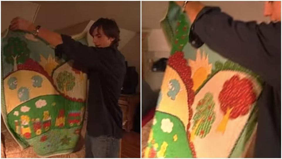 <p>Oh this? Just Ashton Kutcher's blanket "from when I was a kid," which he still sleeps with as a fully formed adult man. </p>