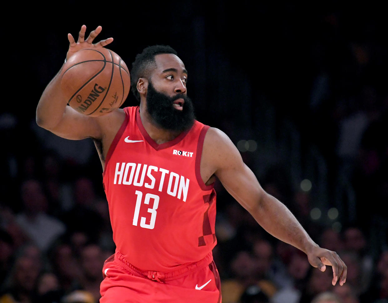 James Harden tries to control the ball during a 111-106 loss to the Los Angeles Lakers on Thursday night. (Photo by Harry How/Getty Images)
