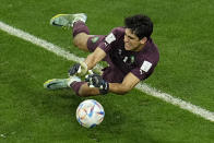 Morocco's goalkeeper Yassine Bounou saves a penalty kick during the World Cup round of 16 soccer match between Morocco and Spain, at the Education City Stadium in Al Rayyan, Qatar, Tuesday, Dec. 6, 2022. (AP Photo/Abbie Parr)