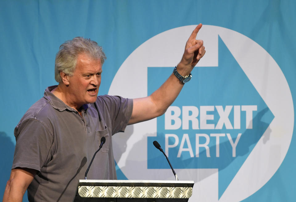 JD Wetherspoon chairman Tim Martin during a Brexit Party rally in Peterborough King's Gate Conference Centre as part of their European Parliament election campaign.