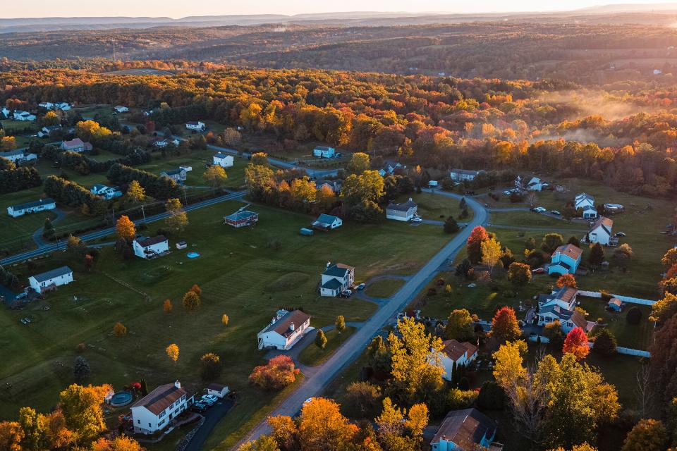 Sunset in the Appalachian Mountains over the small American town Jackson Township, Stroudsburg, Pennsylvania, Poconos region.