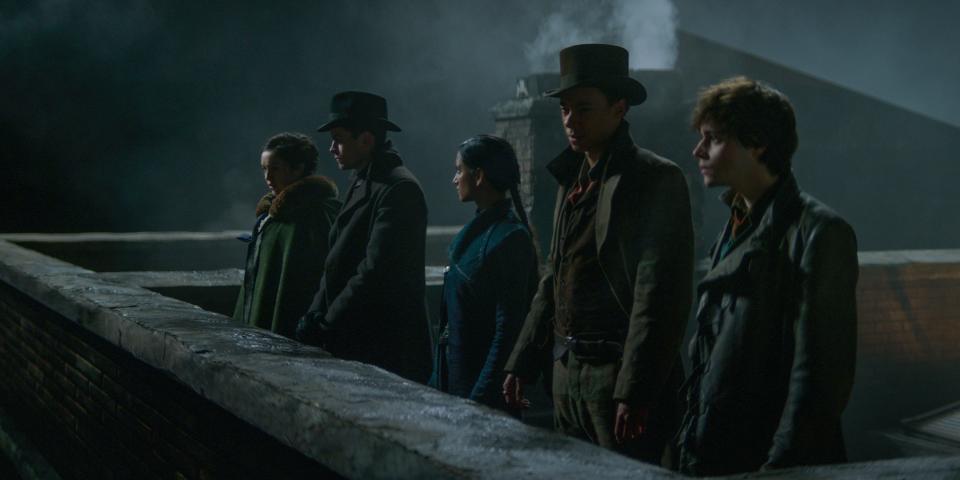 Danielle Galligan as Nina Zenik, Freddy Carter as Kaz Brekker, Amita Suman as Inej Ghafa, Kit Young as Jesper Fahey and Jack Wolfe as Wylan in "Shadow and Bone."