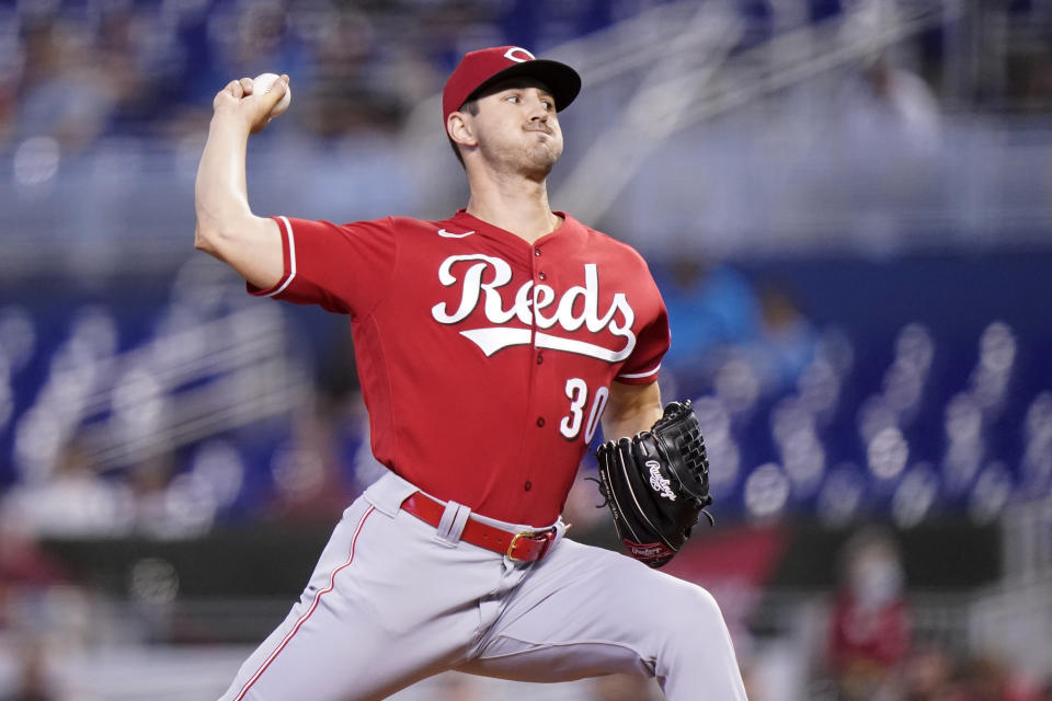 Cincinnati Reds starting pitcher Tyler Mahle throws during the first inning of a baseball game against the Miami Marlins, Sunday, Aug. 29, 2021, in Miami. (AP Photo/Lynne Sladky)