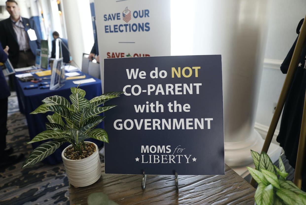 Signs in the hallway during the inaugural Moms For Liberty Summit on July 15, 2022, in Tampa, Fla. <a href="https://www.gettyimages.com/detail/news-photo/sign-reading-we-do-not-co-parent-with-the-government-is-news-photo/1241918008?adppopup=true" rel="nofollow noopener" target="_blank" data-ylk="slk:Octavio Jones/Getty Images;elm:context_link;itc:0;sec:content-canvas" class="link ">Octavio Jones/Getty Images</a>