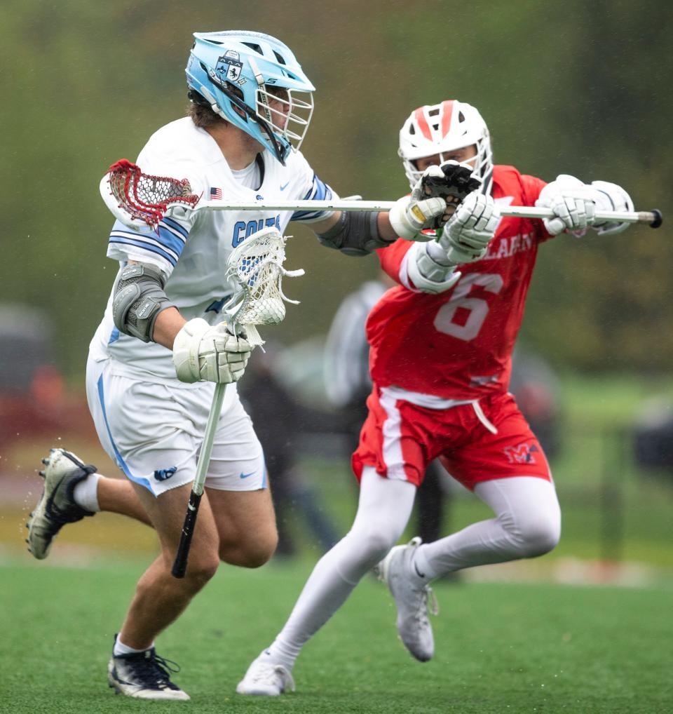 Christian Brothers Academy Liam Schwartz (7) and Manalapan’s Jake Horowitz (6). Manalapan vs Christian Brothers Academy lacrosse.  
Lincroft, NJ
Saturday, May 7, 2022