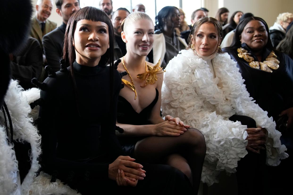 Zendaya, from left, Hunter Schafer, Jennifer Lopez and Da'Vine Joy Randolph attend Schiaparelli's show at Paris haute couture fashion week on Jan. 22.