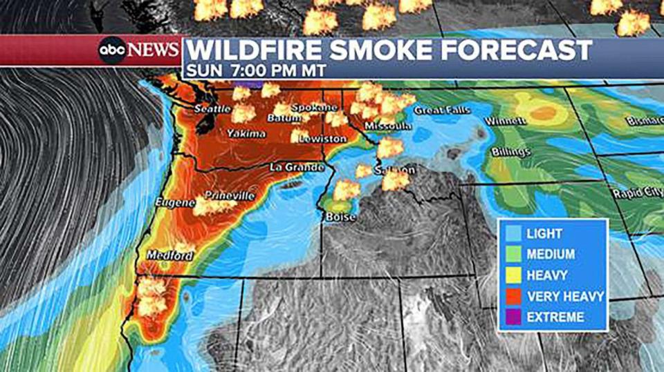 PHOTO: This smoke will continue today with a large area from northern California to the rest of the Pacific Northwest dealing with dangerous air quality. (ABC News)