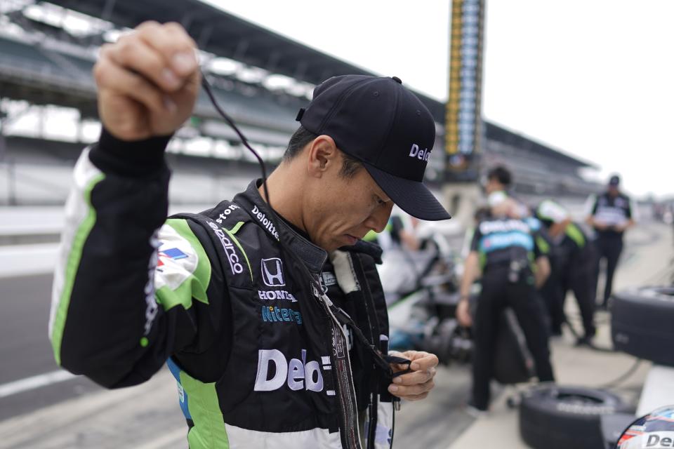 Takuma Sato, of Japan, prepares to drive during practice for the Indianapolis 500 auto race at Indianapolis Motor Speedway, Friday, May 19, 2023, in Indianapolis. (AP Photo/Darron Cummings)