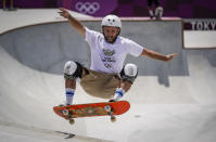 Dallas Oberholzer, 46, from South Africa, takes part in a men's park skateboarding training session at the 2020 Summer Olympics, Saturday, July 31, 2021, in Tokyo, Japan. The age-range of competitors in skateboarding's Olympic debut at the Tokyo Games is remarkably broad and Oberholzer will go wheel-to-wheel with skaters less than half his age. (AP Photo/Ben Curtis)