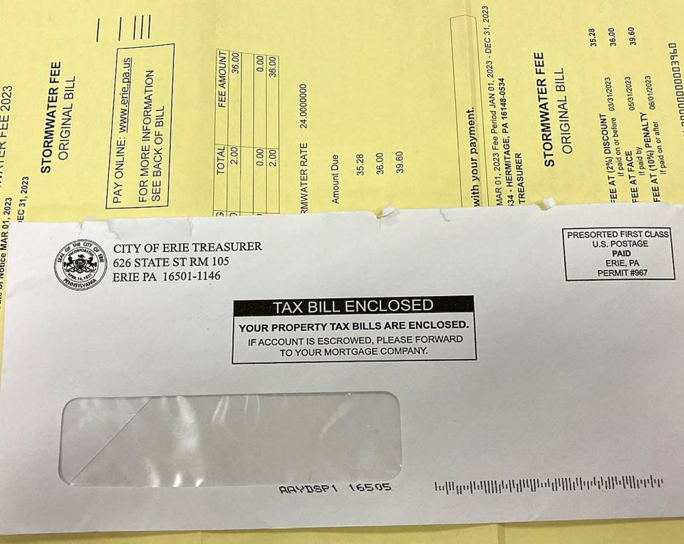 The city of Erie in mid-March mailed bills for its new stormwater fee, though the envelopes and other information with the mailings are for property taxes.