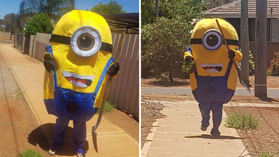 The minion has since started taunting Mr Nicklin, posing for photos with his newly acquired lawn. Source: Facebook