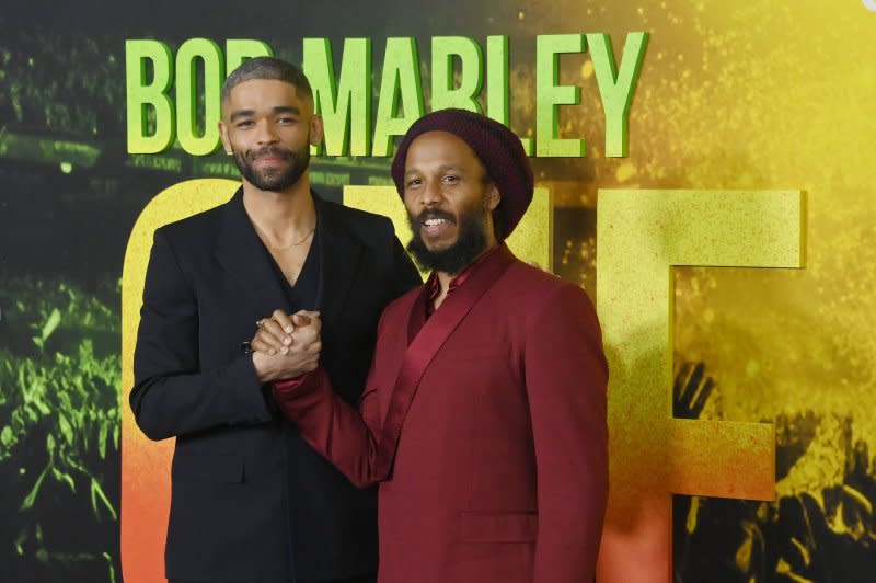 Kingsley Ben-Adir (L) and Ziggy Marley attend the premiere of "One Love" at the Regency Village Theatre in Los Angeles on February 6. The film was released on DVD and Blu-ray Tuesday. File Photo by Jim Ruymen/UPI