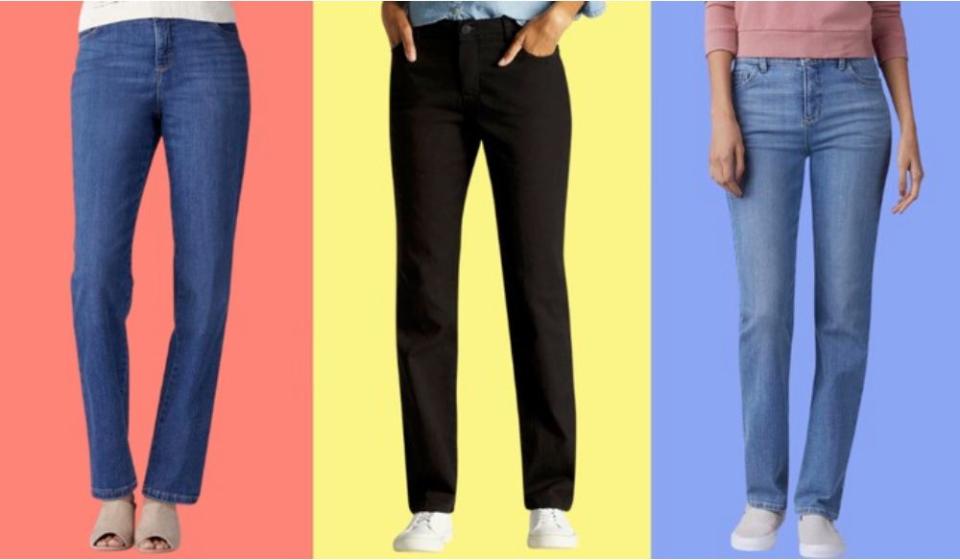 three jeans in different colors