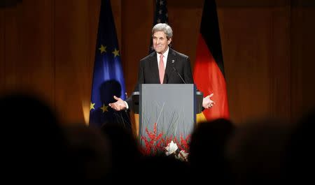 U.S. Secretary of State John Kerry speaks after he was awarded with the Grand Cross, First Class of the order of Merit of the Federal Republic of Germany in Berlin, Germany, December 5, 2016. REUTERS/Fabrizio Bensch