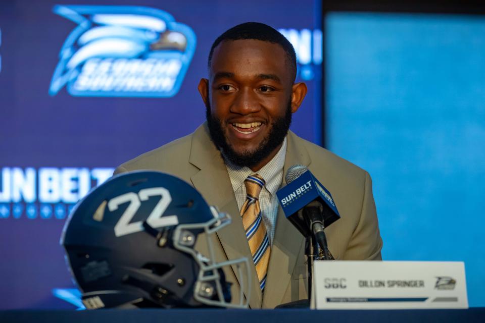 Georgia Southern defensive end Dillon Springer answers questions from media members on Tuesday during the 2022 Sun Belt Conference Football Media Days at the Sheraton New Orleans Hotel.