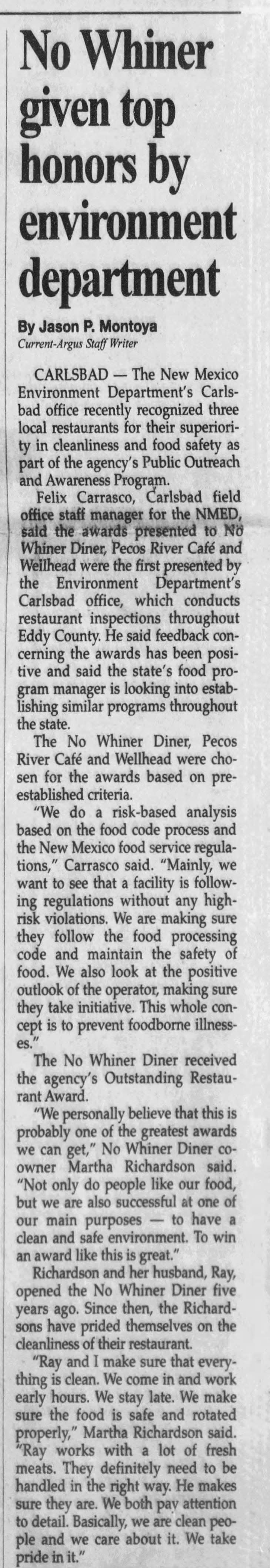 A Carlsbad Current-Argus clipping shows Pecos Rive Cafe being honored for its cleanliness by the State of New Mexico, Dec. 29, 2004