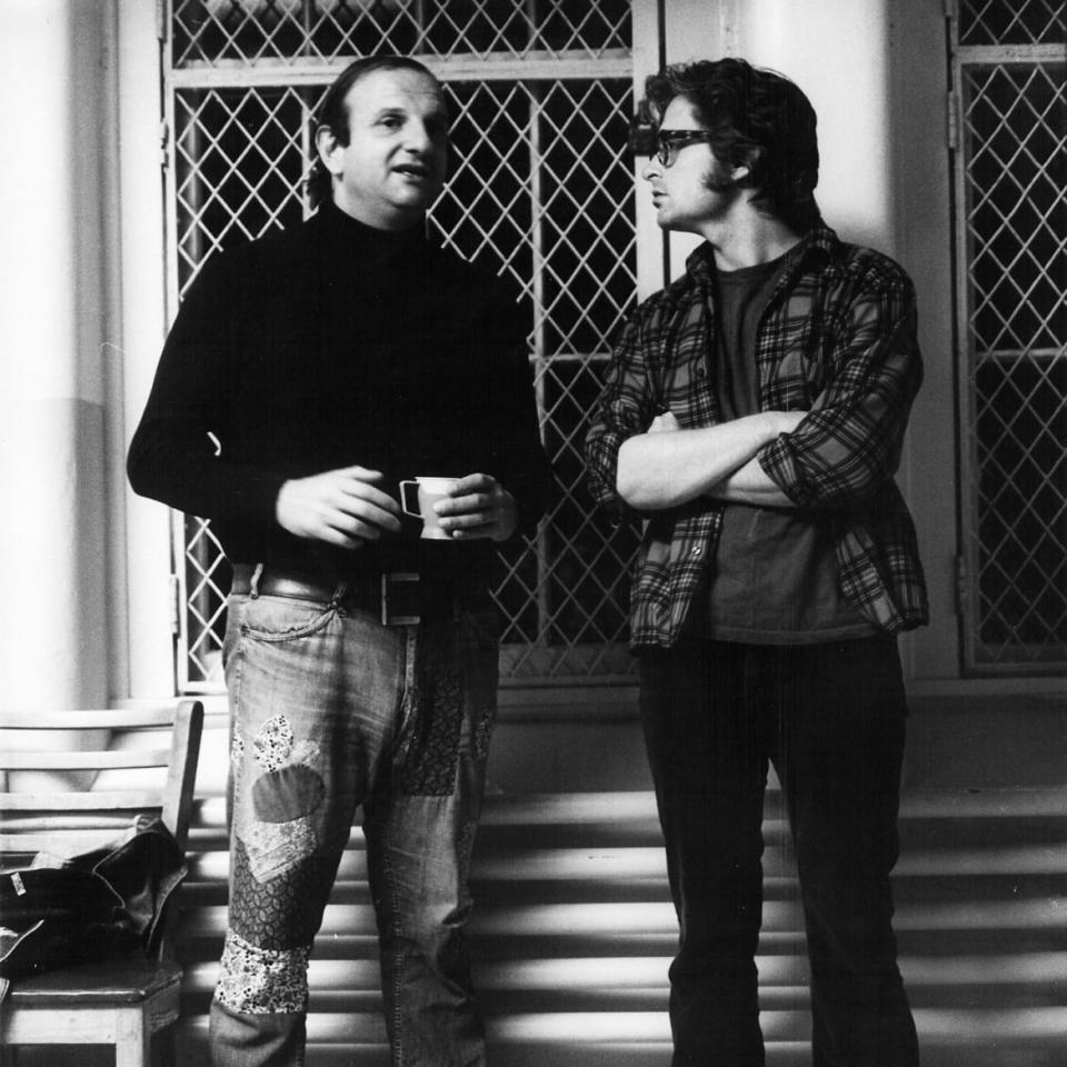 A behind the scenes photo of Bo Goldman and Michael Douglas on the set of &quot;One Flew Over the Cuckoo&#39;s Nest&quot; in 1975.