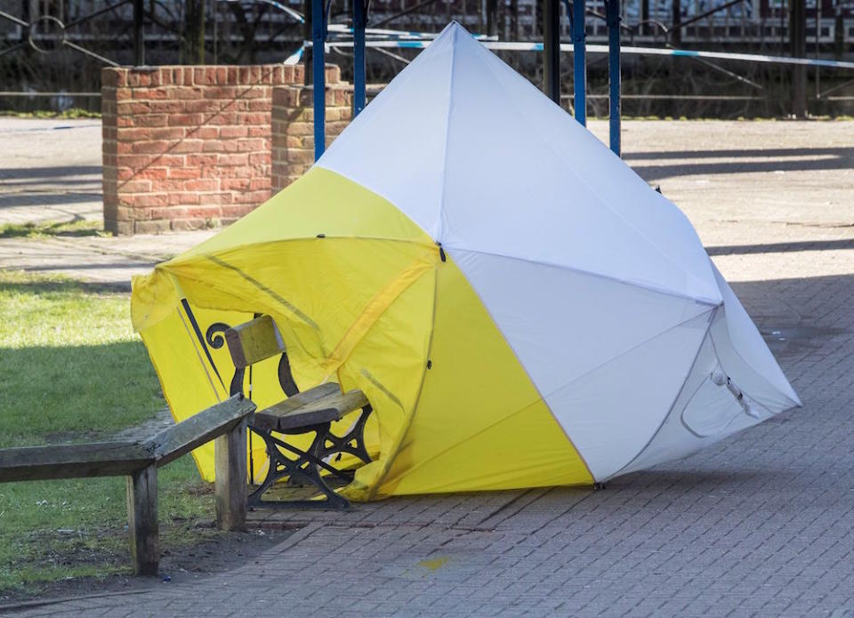 <em>Bench – one theory suggests Skripal and his daughter were sprayed with an aerosol can as they sat on a bench (Picture: Peter MacDiarmid/REX/Shutterstock)</em>