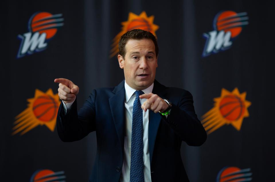 Phoenix Suns owner Mat Ishbia speaks to the media at an introductory news conference at Footprint Center in Phoenix, Feb. 8, 2023.