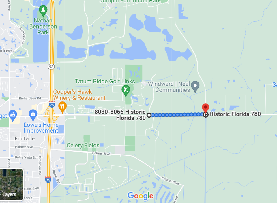 The dotted blue line shows the segment of Fruitville Road that the county is planning to widen.