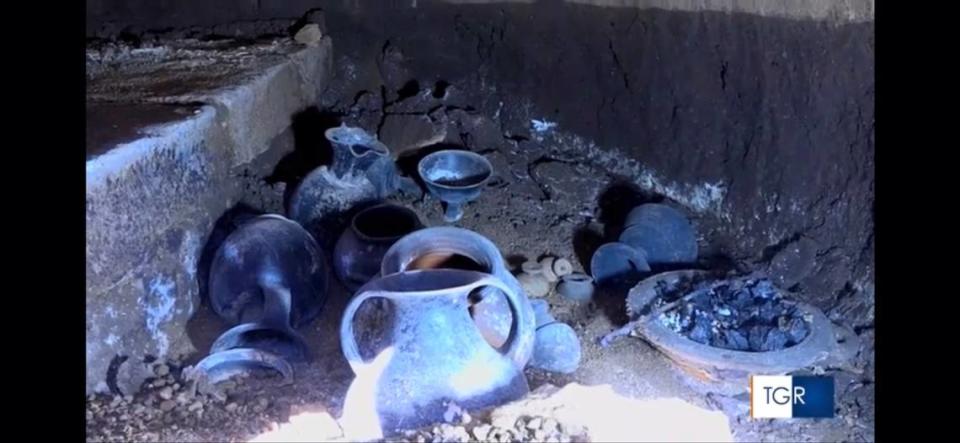 Upon excavating the ancient tomb, archaeologists found pottery and a brazier.