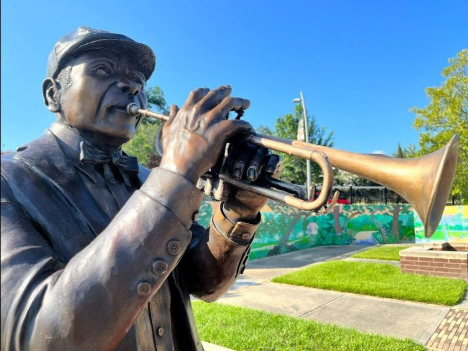 “The Jazz Man” sculpture was placed at the market area near the FAMU Way playground for the History and Culture Trail in early August, 2023.