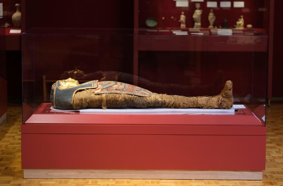 Tutu, an Egyptian mummy who died circa 332 BCE, is displayed at the Mabee-Gerrer Museum of Art in Shawnee on March 1, 2022.
