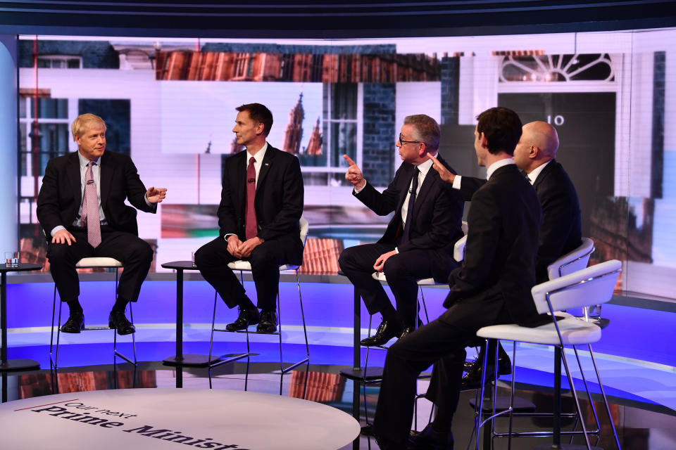 For use in UK, Ireland or Benelux countries only. BBC handout photo of (left to right) Boris Johnson, Jeremy Hunt, Michael Gove, Rory Stewart and Sajid Javid during the BBC TV debate featuring the contestants for the leadership of the Conservative Party.