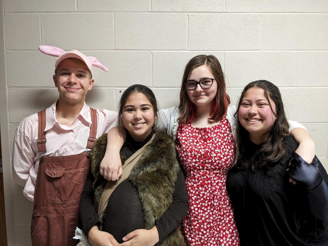 Kingsway Christian School students Nick Scott as Wilbur, Cinta Shoup as Templeton, Dakota Dunn as Fern and Cassie Shoup as Charlotte rehearse to present "Charlotte's Web." Tickets may be purchased online on the school website or at the door.