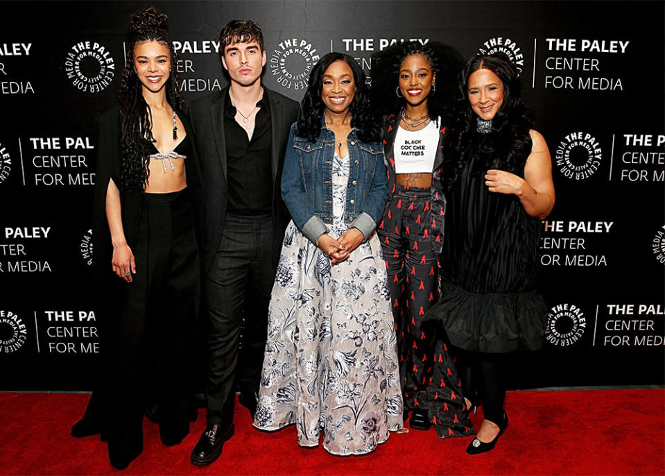 India Amarteifio, Corey Mylchreest, Shonda Rhimes, Arsema Thomas and Golda Rosheuvel attend the celebrations of "Queen Charlotte: A Bridgerton Story" at The Paley Museum on May 04, 2023 in New York City.