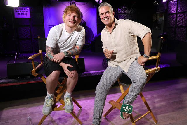 <p>Kevin Mazur/Getty Images for SiriusXM</p> Ed Sheeran and Andy Cohen in the Hamptons on Aug. 14, 2023