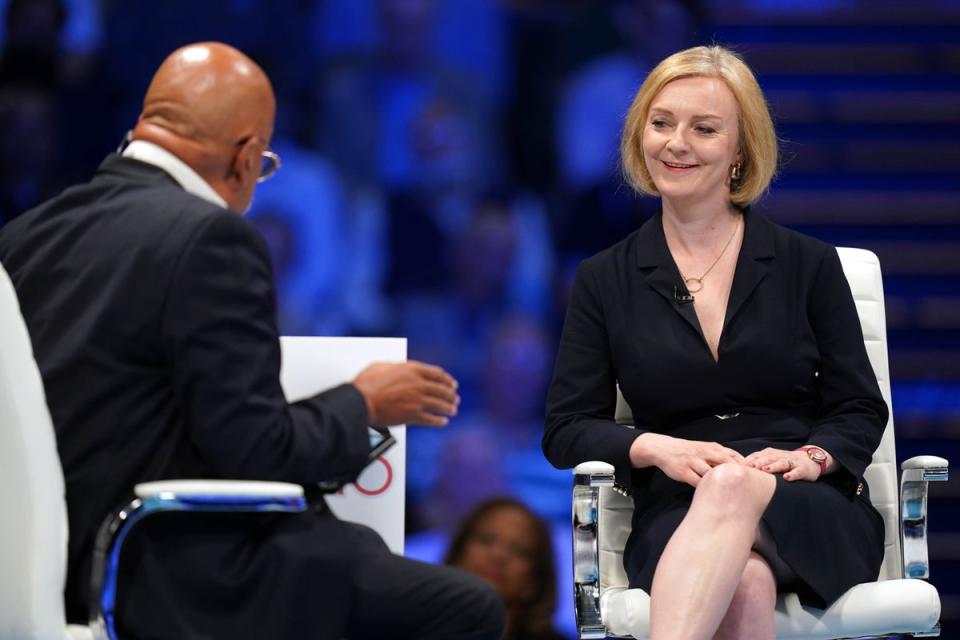 Times Radio presenter John Pienaar speaking to Liz Truss during a hustings event at the NEC in Birmingham earlier this week (Jacob King/PA) (PA Wire)