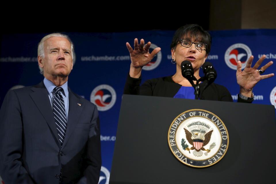 U.S. Commerce Secretary Penny Pritzker speaks next to U.S. Vice President Joe Biden (L) at the U.S.-Ukraine Business Forum in Washington July 13, 2015. REUTERS/Yuri Gripas