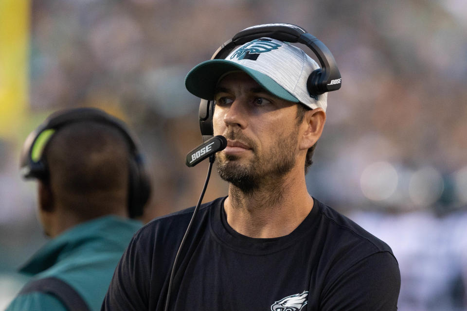 Aug 19, 2021; Philadelphia, Pennsylvania, USA; Philadelphia Eagles offensive coordinator Shane Steichen  in a game against the New England Patriots at Lincoln Financial Field. Mandatory Credit: Bill Streicher-USA TODAY Sports